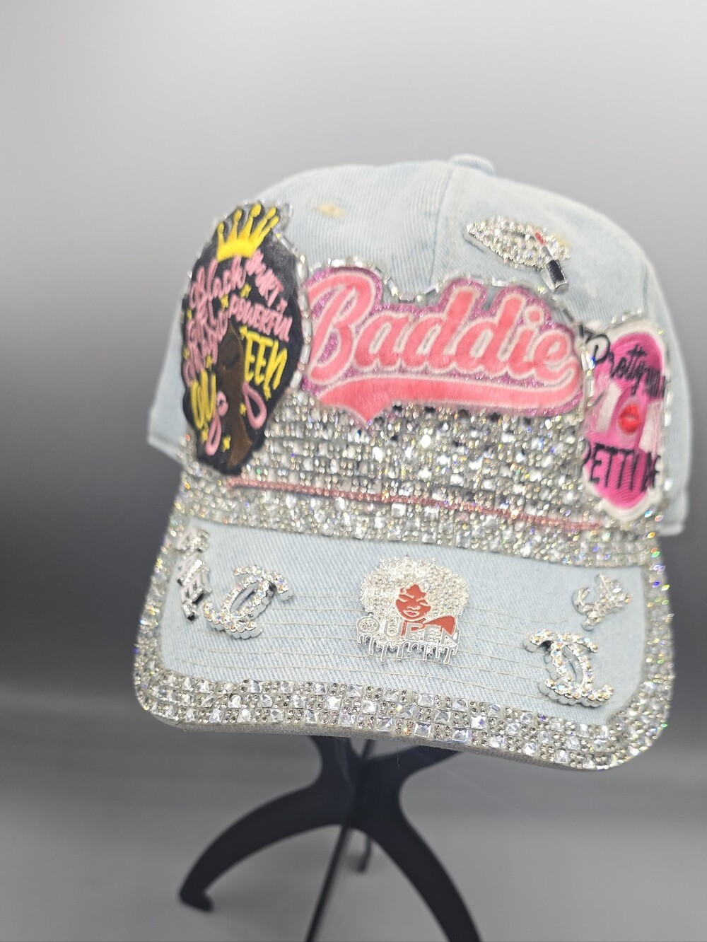 Baddie Embellished Denim Baseball Cap - Pink & Silver Rhinestones